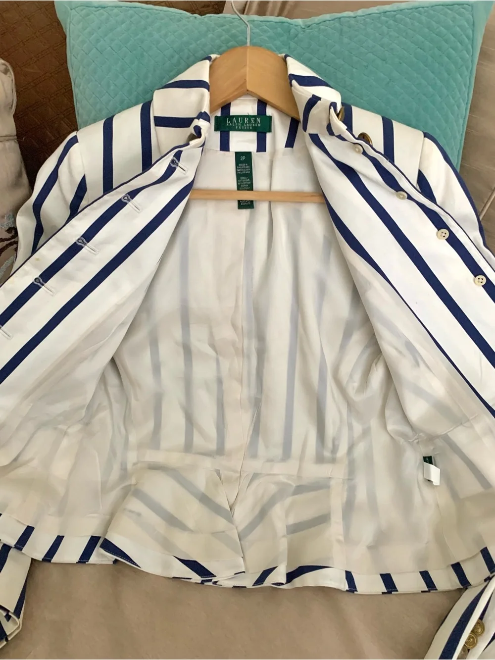 Ralph Lauren Navy Blue & White Nautical Striped Button-Front Jacket Blazer
